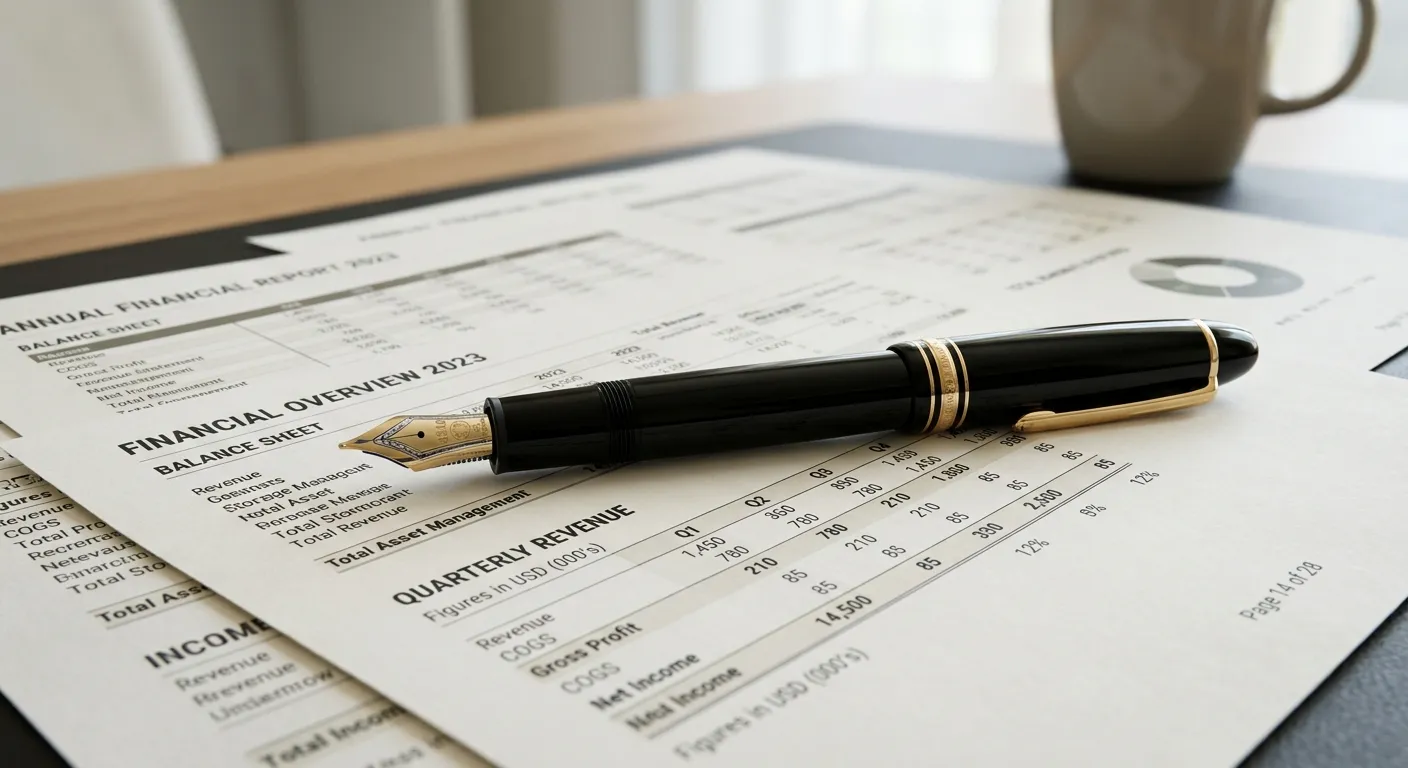 Elite classic fountain pen lying on printed technical financial ledgers